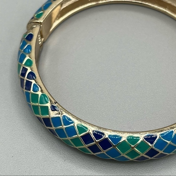 4 for $20 SALE! Sequin Enameled Goldtone Harlequin Hinged Bangle, Blues/Greens - Picture 4 of 6